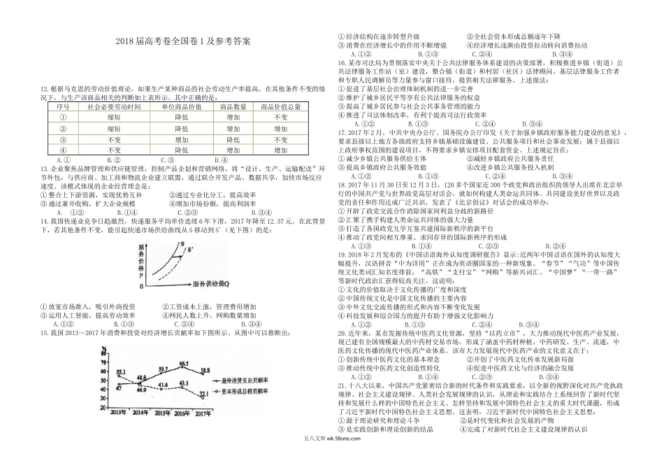 2018年高考真题 政治(山东卷)（原卷版）.docx_第1页