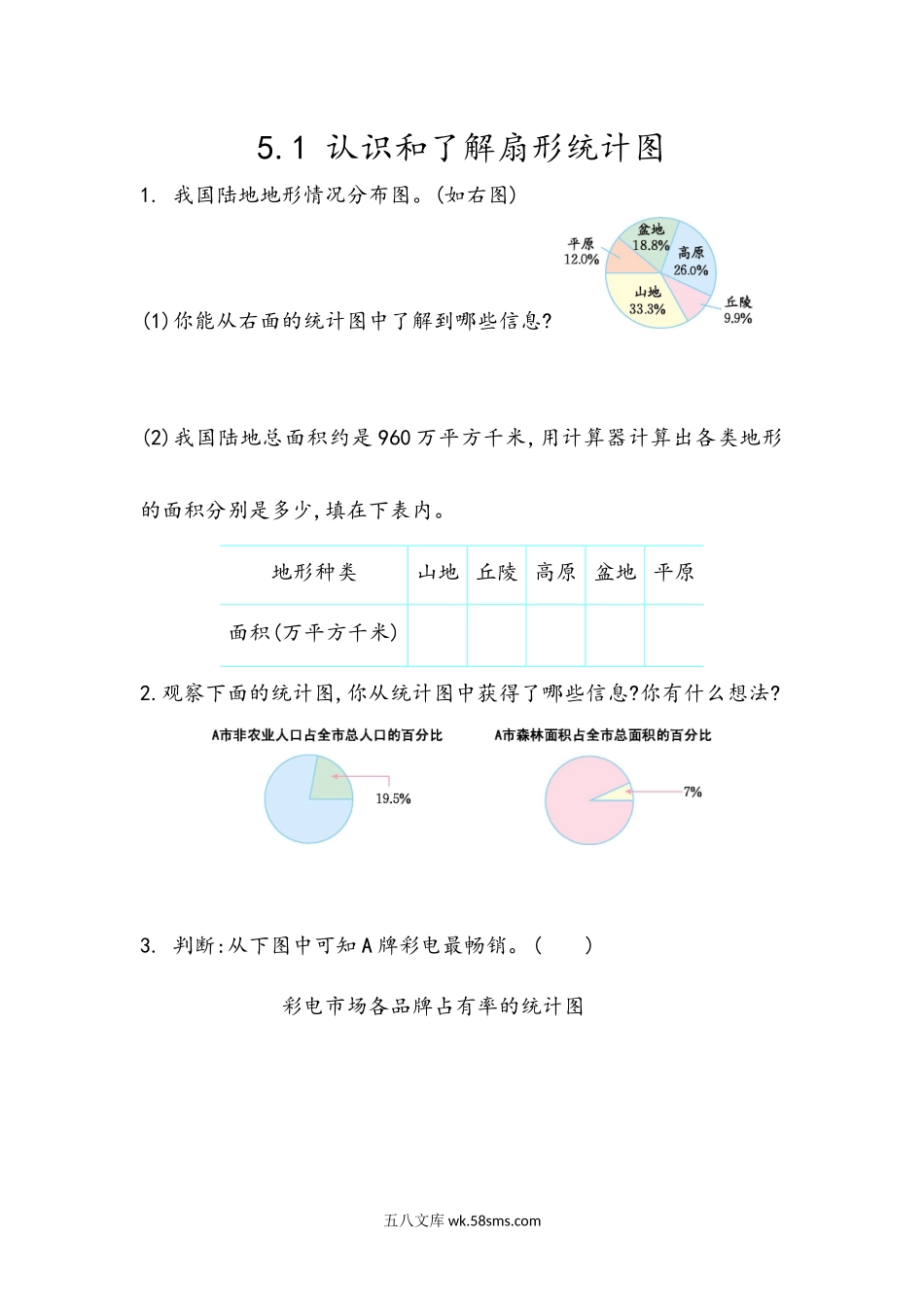 小学六年级数学下册_3-11-4-2、练习题、作业、试题、试卷_青岛版_课时练_第5单元  扇形统计图_5.1 认识和了解扇形统计图.docx_第1页