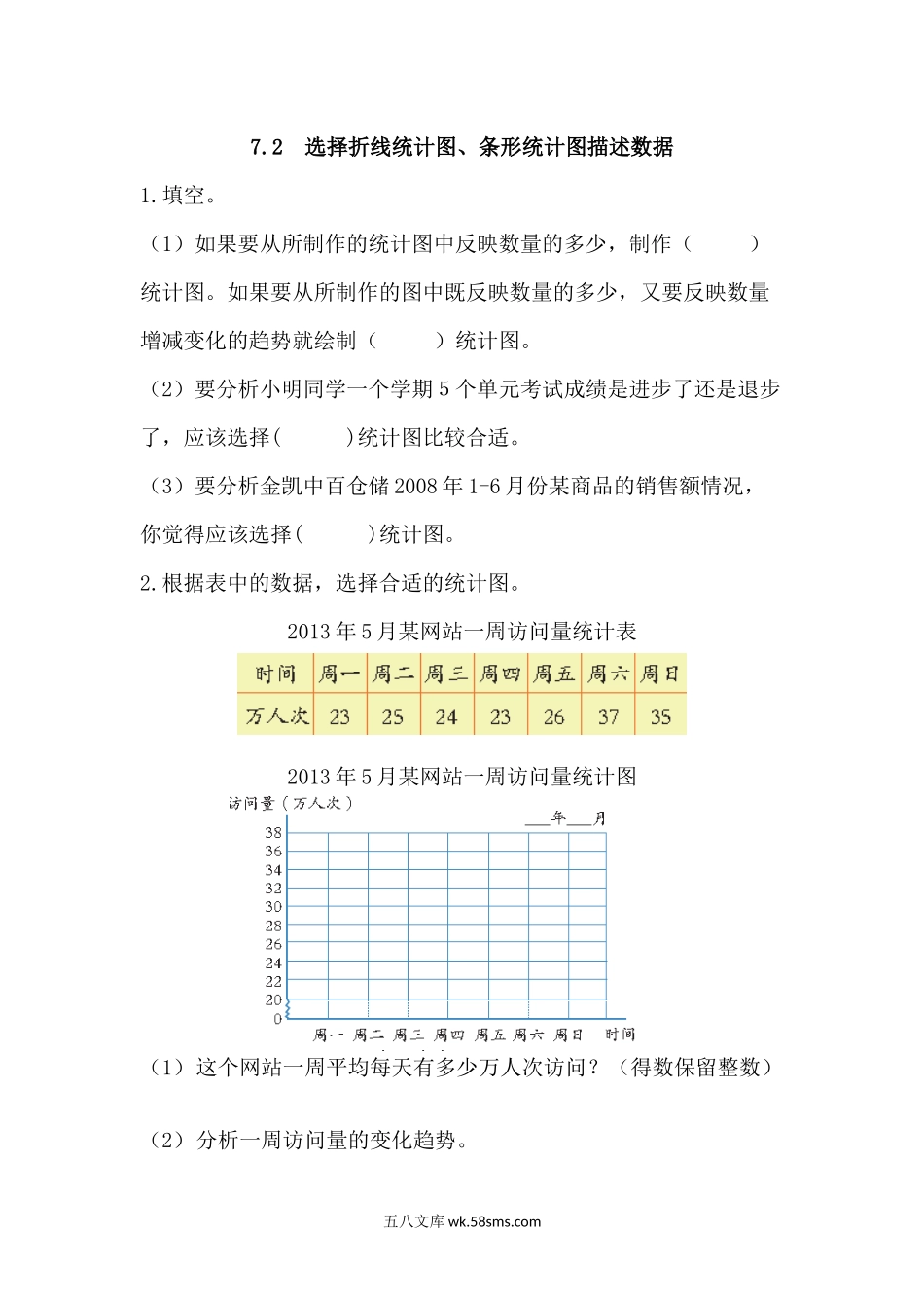 小学五年级数学上册_3-10-3-2、练习题、作业、试题、试卷_青岛版_课时练_第七单元  折线统计图_7.2 选择折线统计图、条形统计图描述数据.docx_第1页