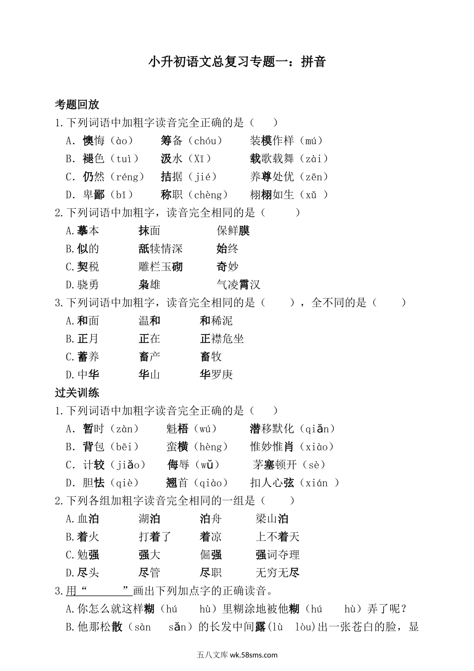 小升初专题资料_3-5-1、小升初语文_3-5-1-2、练习题、作业、试题、试卷_统编版小升初语文总复习 专题1·拼音（PPT课件+专项练习）_人教统编版小升初语文总复习专题一·拼音同步练习（含答案）.doc_第1页