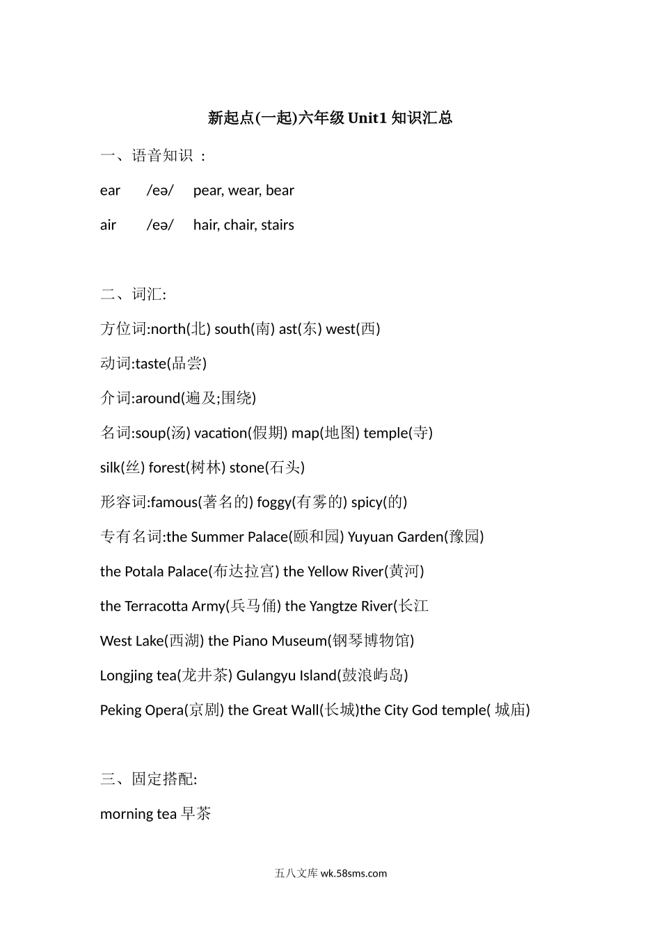 小学六年级英语上册_3-11-5-1、复习、知识点、归纳汇总_人教版一起点_人教新起点英语六年级上册Unit1知识点汇总.docx_第1页