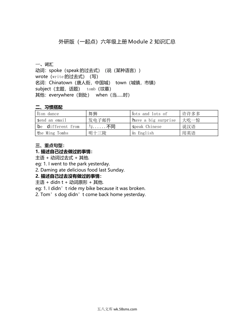 小学六年级英语上册_3-11-5-1、复习、知识点、归纳汇总_外研版一起点_外研版一起点六年级上册Module2知识点汇总.docx_第1页