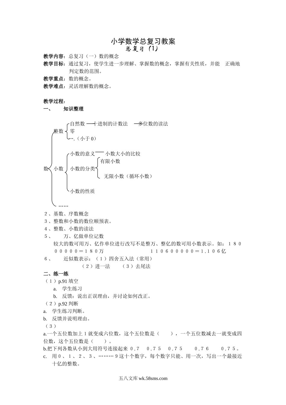 小升初专题资料_3-5-2、小升初数学_3-5-2-1、复习、知识点、归纳汇总_小学数学总复习全套教案（30页）.doc_第1页