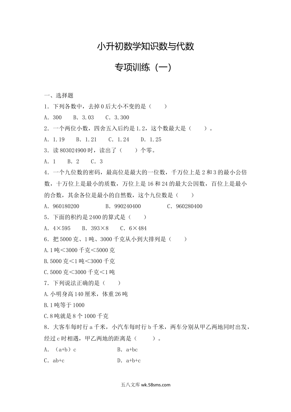 小升初专题资料_3-5-2、小升初数学_3-5-2-2、练习题、作业、试题、试卷_【精品】小升初数学知识数与代数专项训练（一）（23页）.docx_第1页