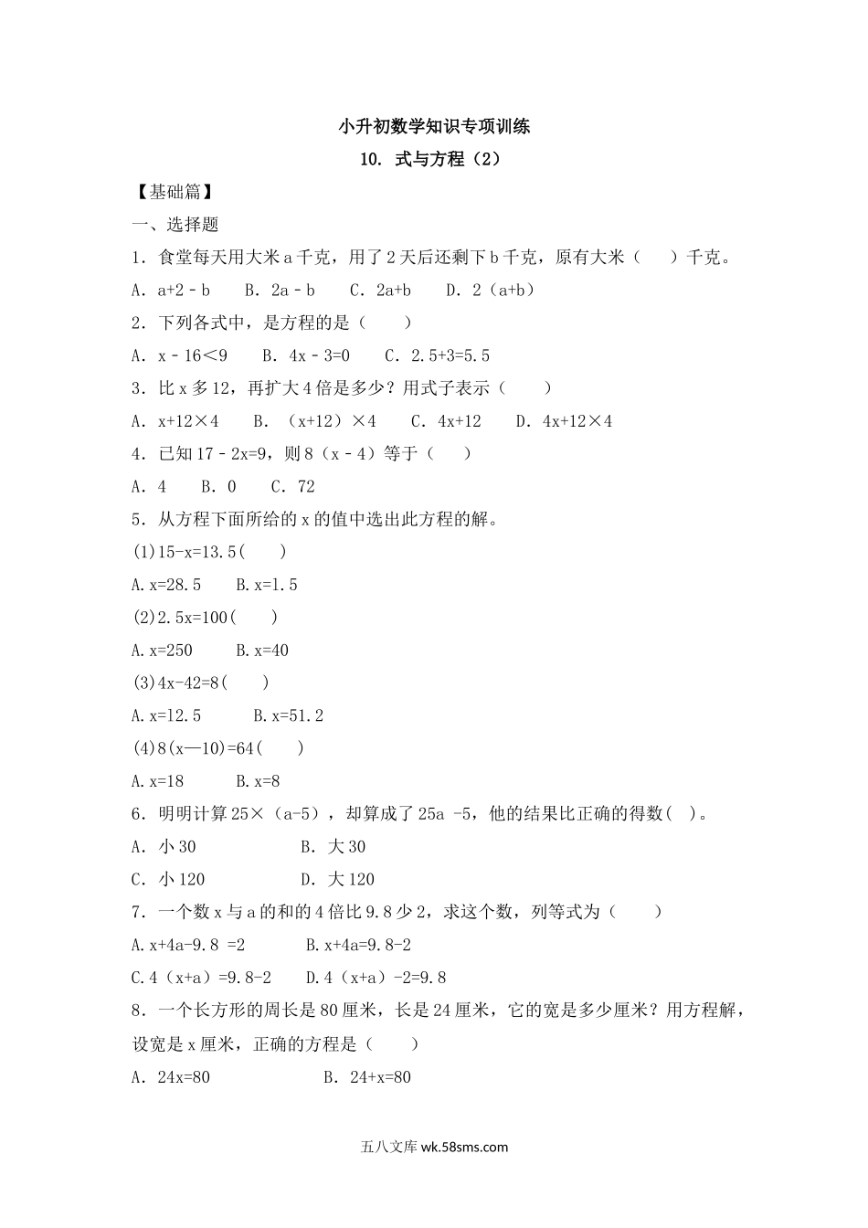 小升初专题资料_3-5-2、小升初数学_3-5-2-2、练习题、作业、试题、试卷_【精品】小升初数学知识专项训练一   数与代数-10.式与方程（2）（18页）.docx_第1页