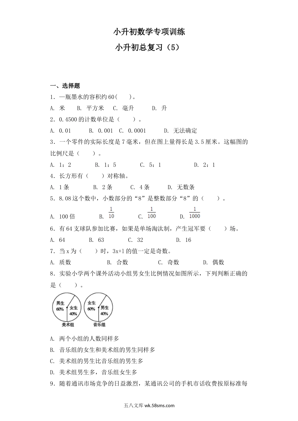 小升初专题资料_3-5-2、小升初数学_3-5-2-2、练习题、作业、试题、试卷_【精品】小升初数学知识专项训练-总复习（5）（28页）.docx_第1页