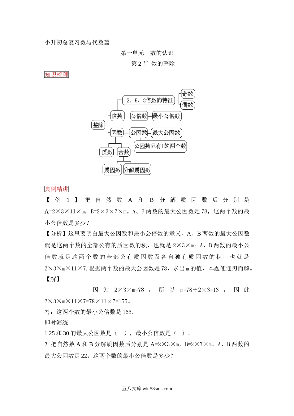 小升初专题资料_3-5-2、小升初数学_3-5-2-2、练习题、作业、试题、试卷_数学小升初专项训练 76套_小升初数学总复习知识梳理+练习+答案-数的整除-通用版.doc_第1页