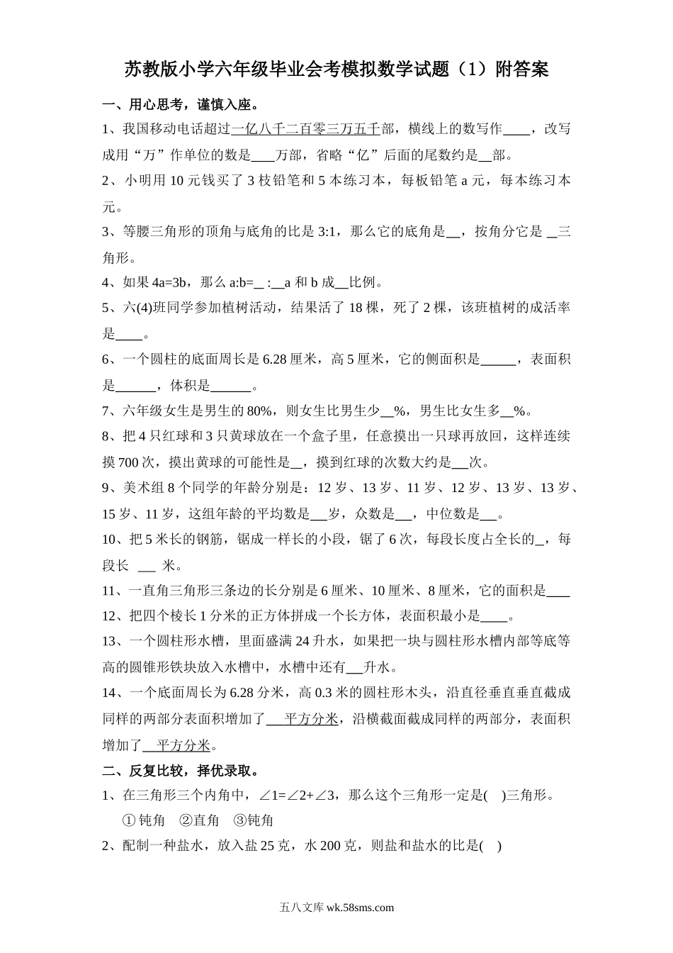 小升初专题资料_3-5-2、小升初数学_3-5-2-2、练习题、作业、试题、试卷_小升初专题 33份_苏教版小学六年级毕业会考模拟数学试题（1）附答案.doc_第1页