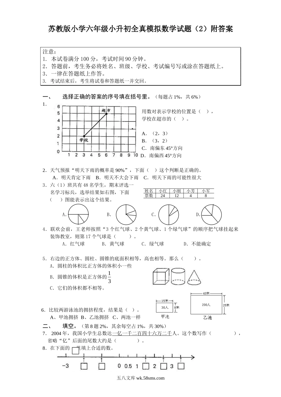 小升初专题资料_3-5-2、小升初数学_3-5-2-2、练习题、作业、试题、试卷_小升初专题 33份_苏教版小学六年级小升初全真模拟数学试题（2）附答案.doc_第1页