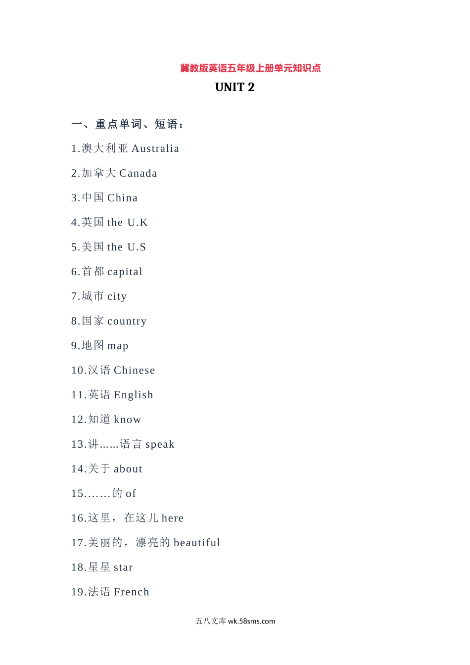 小学五年级英语上册_3-10-5-1、复习、知识点、归纳汇总_冀教版_冀教版英语五年级上册Unit2单元知识点.docx_第1页