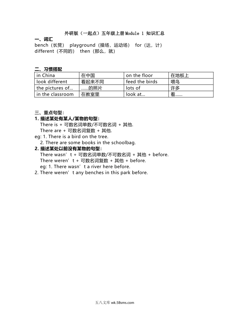 小学五年级英语上册_3-10-5-1、复习、知识点、归纳汇总_外研版一起点_外研版一起点五年级上册Module1知识点汇总.docx_第1页