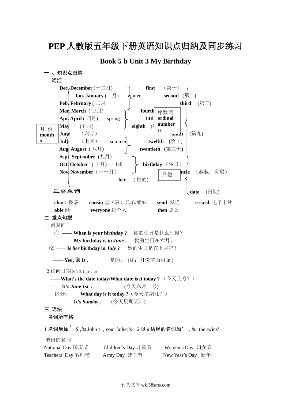 小学五年级英语下册_3-10-6-1、复习、知识点、归纳汇总_人教PEP版_人教PEP版五年级下册英语Unit3知识点归纳及同步练习.docx_第1页