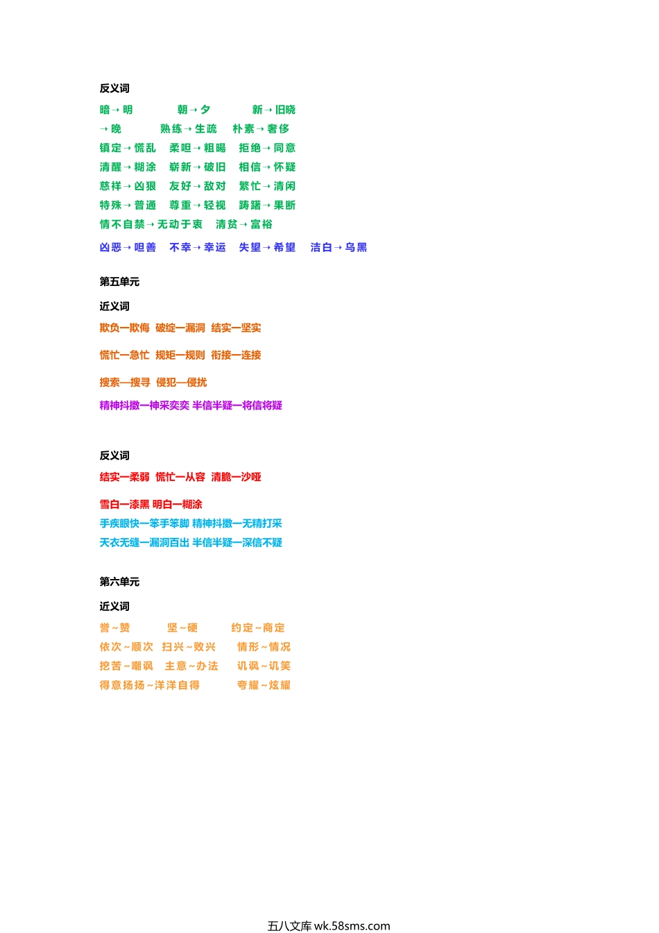 小学五年级语文下册_3-10-2-1、复习、知识点、归纳汇总_部编（人教）版_部编版五年级语文下册近义词反义词汇总.docx_第3页