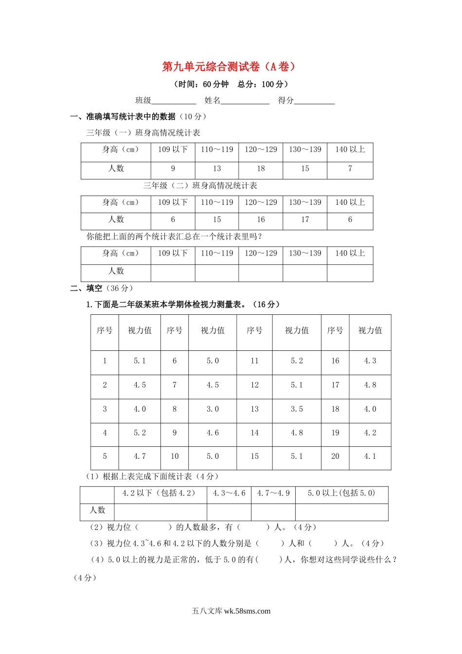 小学三年级数学下册_3-8-4-2、练习题、作业、试题、试卷_苏教版_单元测试卷_三年级下数学单元评估检测题AB卷（A）-第九单元-苏教版.doc_第1页