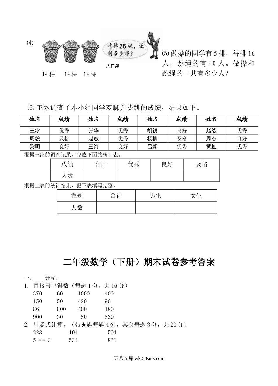 小学二年级数学下册_3-7-4-2、练习题、作业、试题、试卷_苏教版_期末测试卷_苏教版数学二年级下学期期末测试卷5.doc_第3页