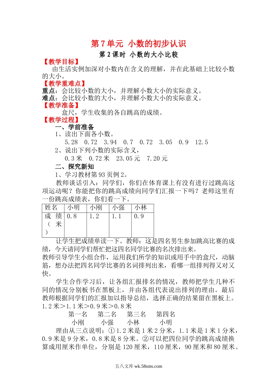 小学三年级数学下册_3-8-4-3、课件、讲义、教案_2.人教版数学三（下）全册教案、导学案_电子教案_电子教案_第7单元 小数的初步认识_第2课时 小数的大小比较.doc_第1页