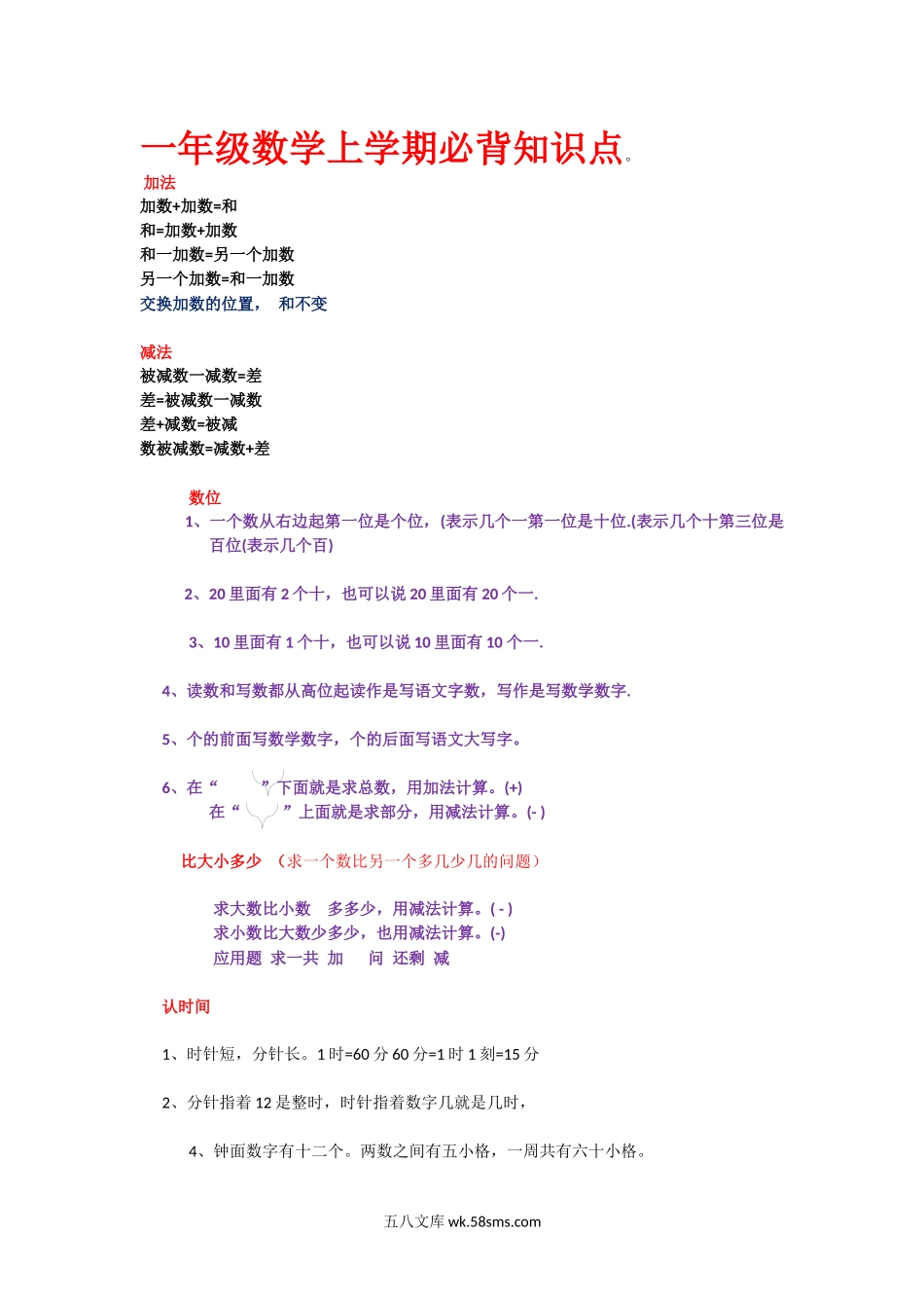 小学一年级数学上册_3-6-3-1、复习、知识点、归纳汇总_通用_一年级数学上学期必背知识点.docx_第1页