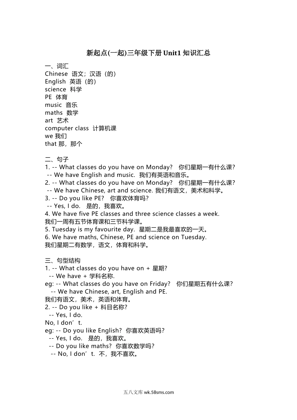 小学三年级英语下册_3-8-6-1、复习、知识点、归纳汇总_人教版一起点_人教新起点英语三年级下册Unit1知识点汇总.docx_第1页