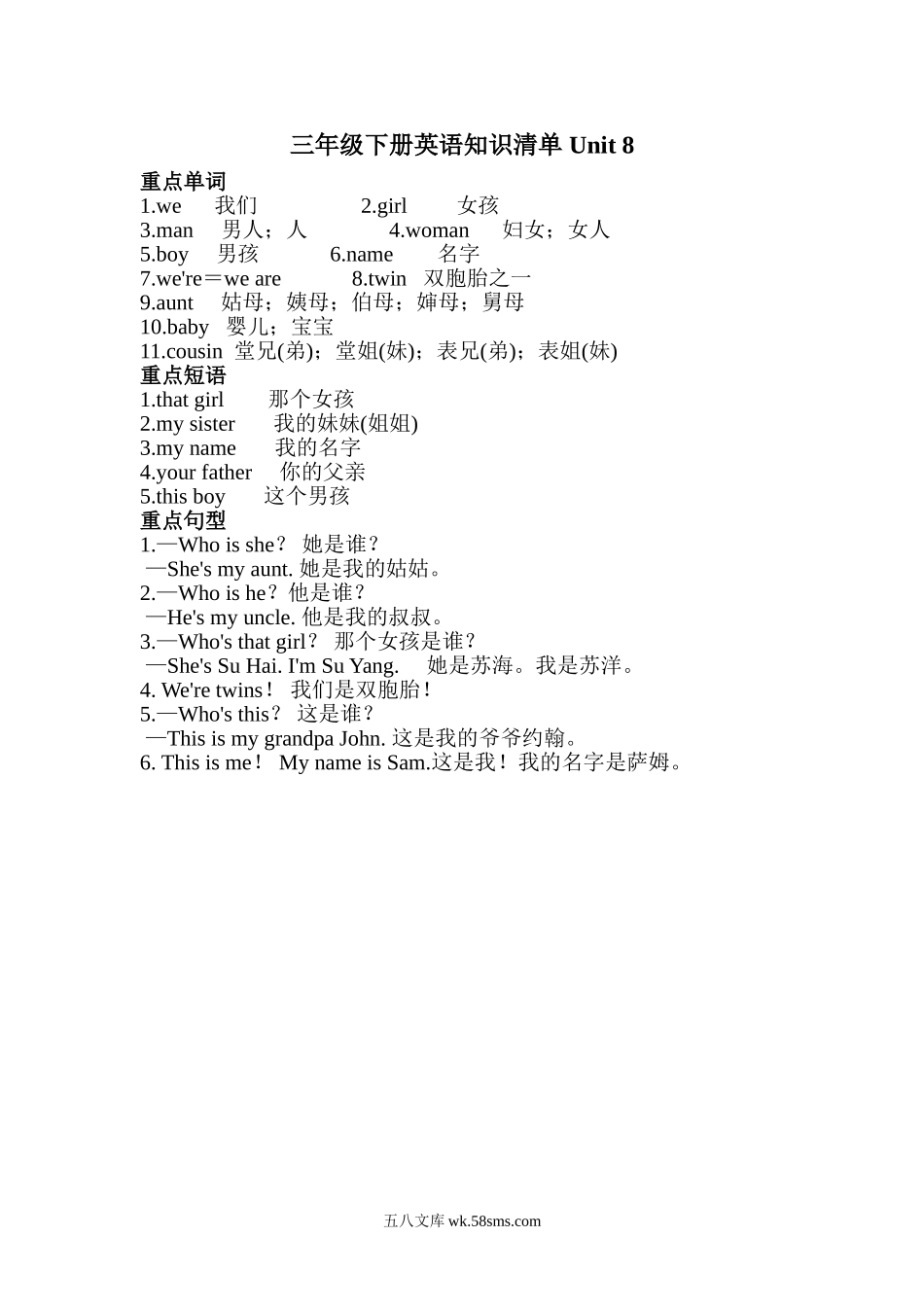 小学三年级英语下册_3-8-6-1、复习、知识点、归纳汇总_译林版_小学三年级下册-译林版英语：Unit 8知识重点.doc_第1页