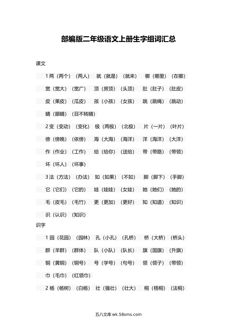 小学二年级语文上册_3-7-1-1、复习、知识点、归纳汇总_部编版_部编版二年级语文上册生字组词汇总.doc_第1页