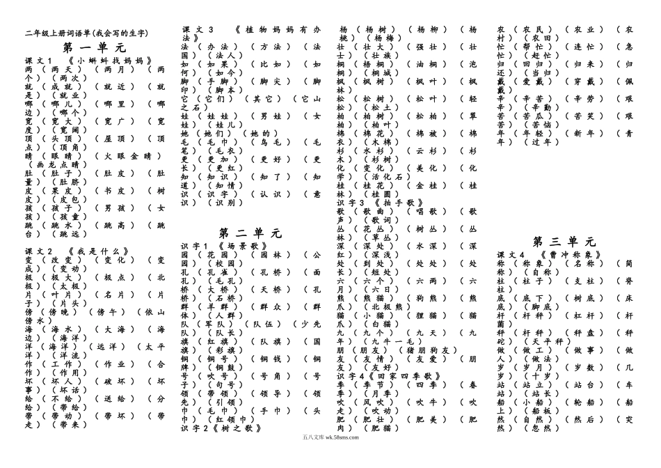 小学二年级语文上册_3-7-1-1、复习、知识点、归纳汇总_通用_2020年最新二年级上册生字组词归纳资料.doc_第1页