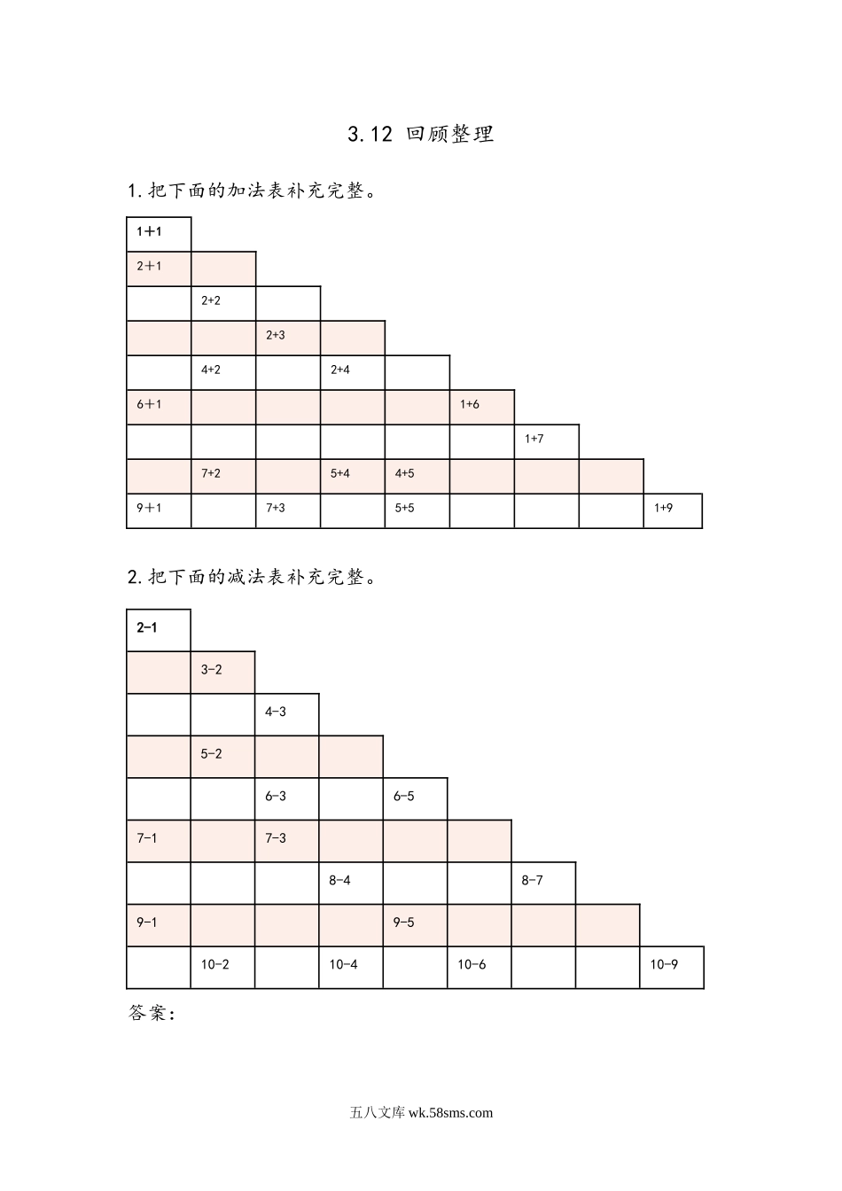 小学一年级数学上册_3-6-3-2、练习题、作业、试题、试卷_青岛版_课时练_第三单元  10以内的加减法_3.12 回顾整理.docx_第1页