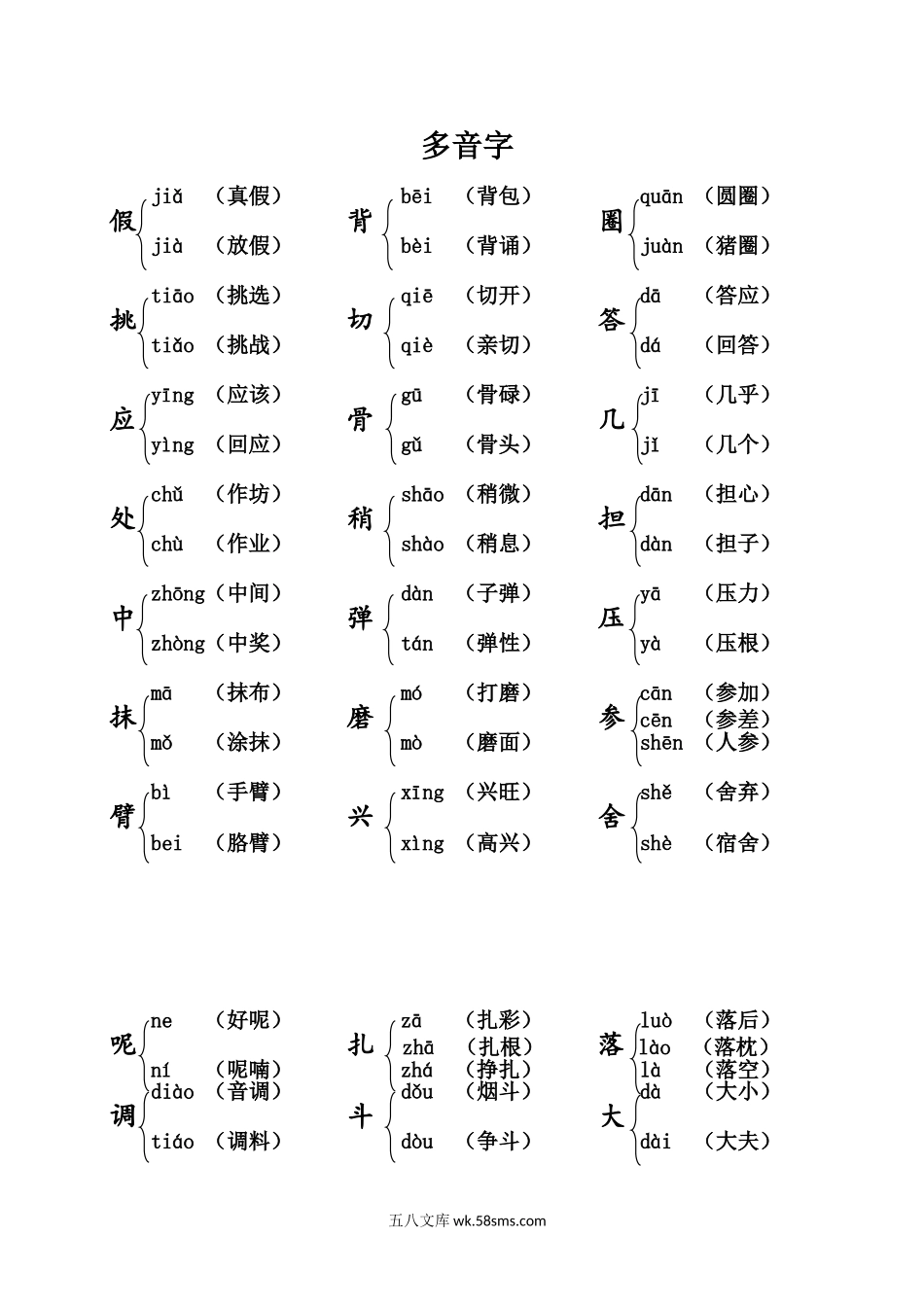 小学三年级语文上册_3-8-1-1、复习、知识点、归纳汇总_通用_小学三年级上册语文期末复习：课本内多音字汇总.doc_第1页