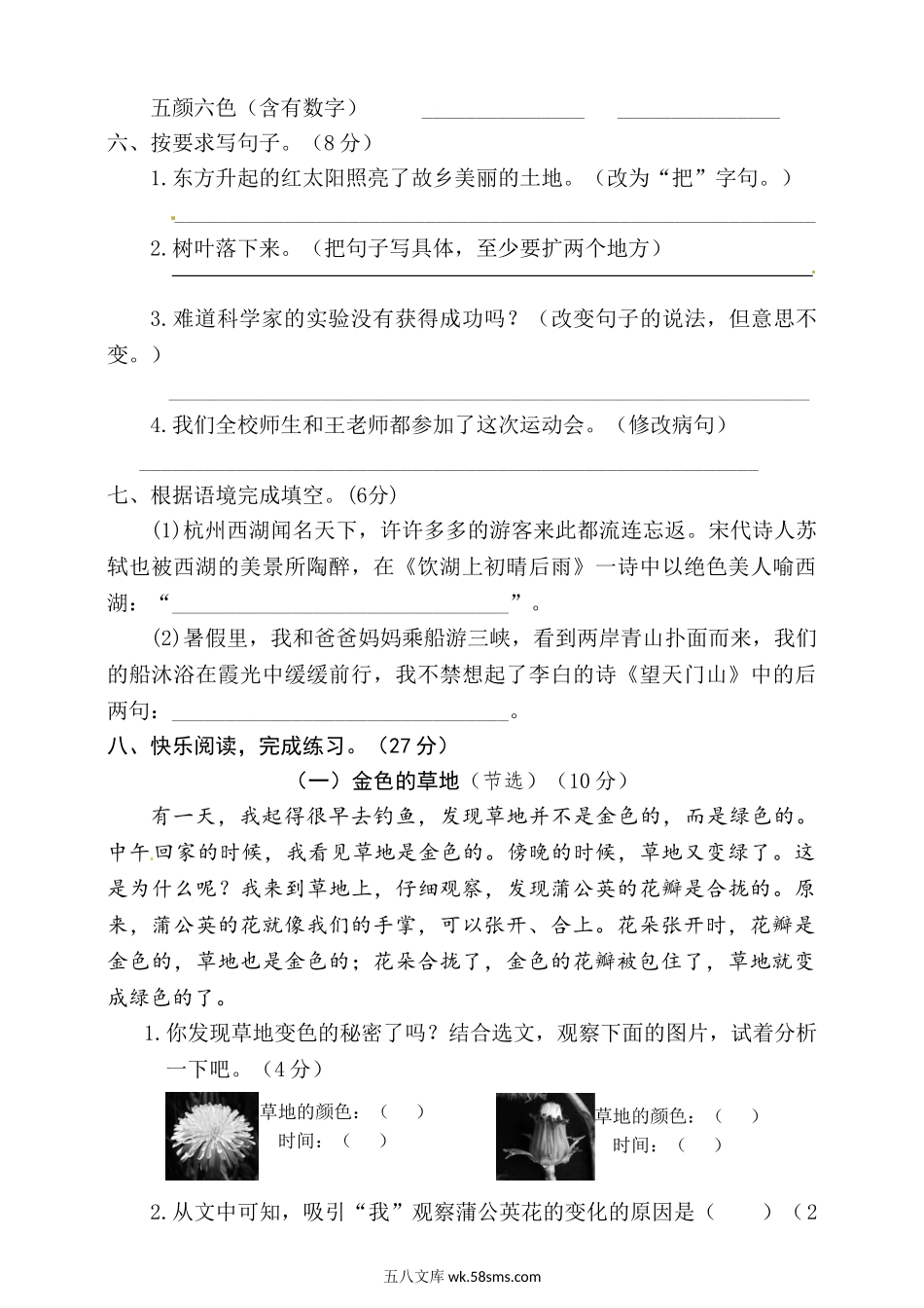 小学三年级语文上册_3-8-1-2、练习题、作业、试题、试卷_部编（人教）版_期末测试卷_语文期末复习：：统编版语文三年级上册期末测试卷2含参考答案.doc_第2页