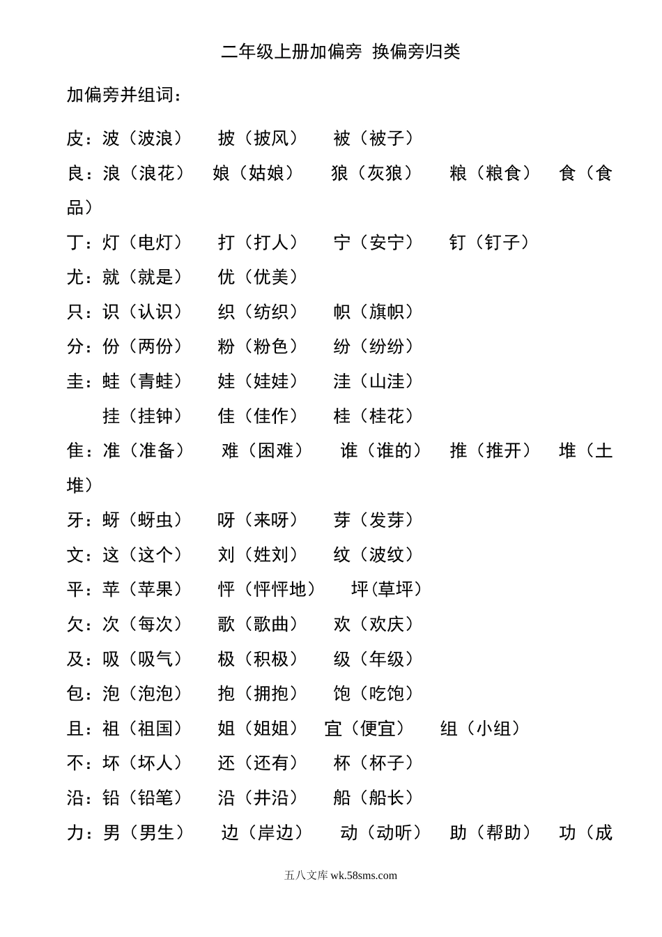 小学二年级语文上册_3-7-1-2、练习题、作业、试题、试卷_通用_二年级语文上册加偏旁-换偏旁归类.doc_第1页