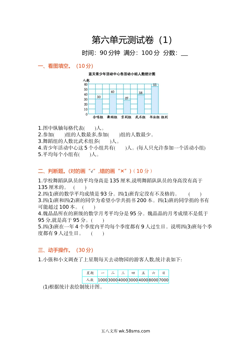 小学四年级数学下册_3-9-4-2、练习题、作业、试题、试卷_北师大版_单元测试卷_新北师大版小学四年级下册数学第六单元测试卷及答案.docx_第1页