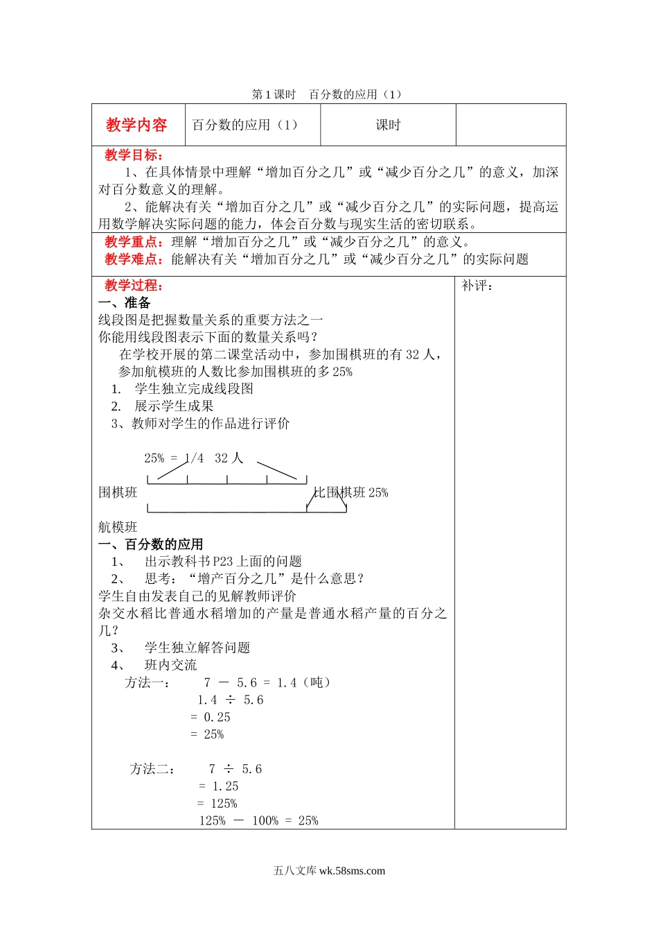 小学六年级数学上册_3-11-3-3、课件、讲义、教案_6年级上册-北师大数学全套备课资料_BS六年级数学上册教案2套_六数上（BS）--2.教案_第七单元 百分数的应用_第1课时  百分数的应用（1）.doc_第1页