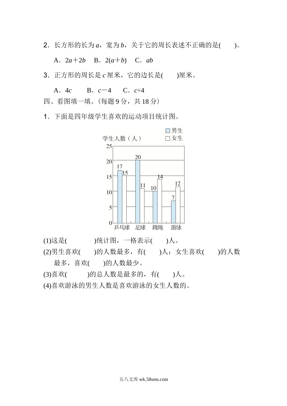 小学四年级数学下册_3-9-4-2、练习题、作业、试题、试卷_冀教版_专项练习_期末复习冲刺卷 专项能力提升卷5用字母表示数和复式条形统计图.doc_第2页