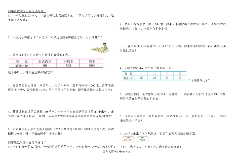 小学四年级数学下册_3-9-4-2、练习题、作业、试题、试卷_人教版_2023-6-17更新_单元、期中、期末试卷_人教版小学四年级数专项练习（18份）_四年级数学下册应用题专项练习1-4(书).doc_第1页