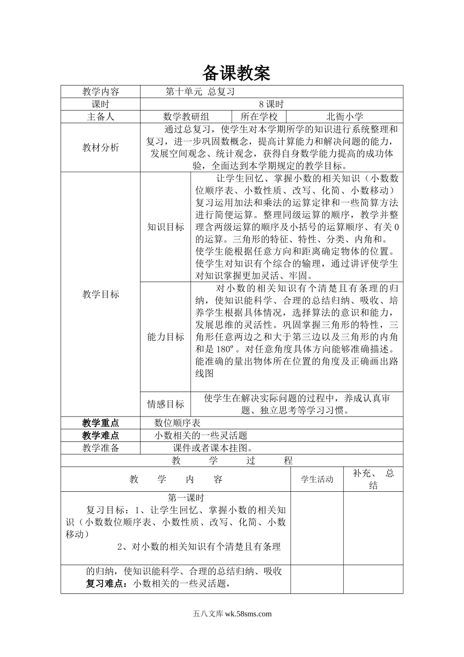 小学四年级数学下册_3-9-4-3、课件、讲义、教案_人教版_2.人教版四（下）数学全册教案、导学案_电子教案_导学案_第10单元  总复习_总复习.doc_第1页