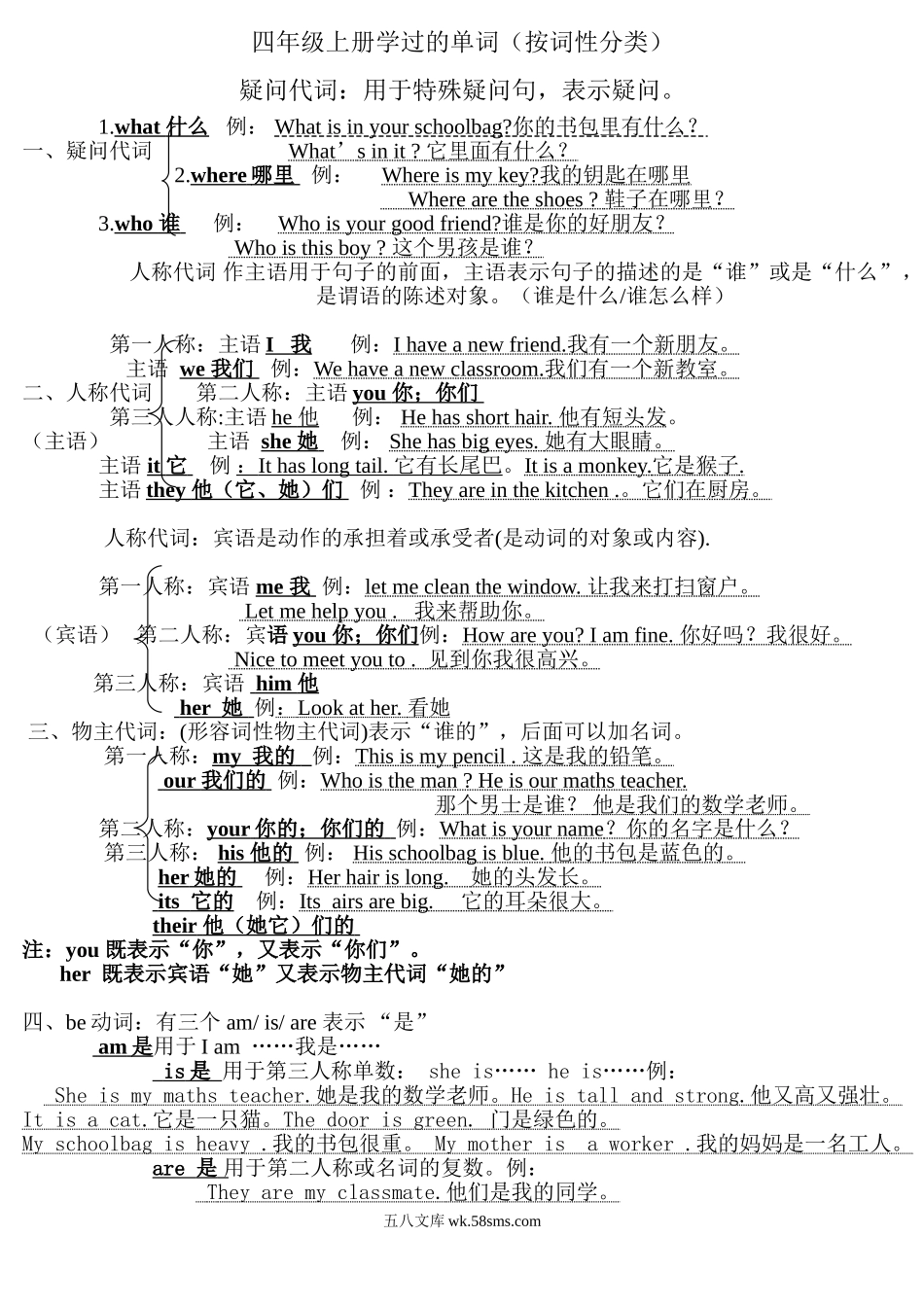 小学四年级英语上册_3-9-5-1、复习、知识点、归纳汇总_人教版一起点_人教版小学四年级上英语学常用的单词及句子.doc_第1页