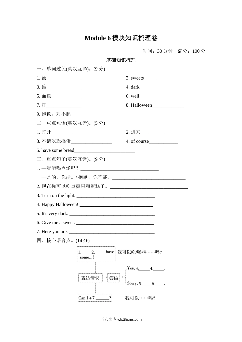 小学四年级英语上册_3-9-5-2、练习题、作业、试题、试卷_外研版三起点_单元测试卷_Module 6模块知识梳理卷.doc_第1页