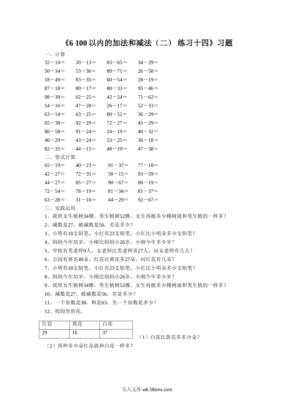 小学一年级数学下册_3-6-4-3、课件、讲义、教案_（新）数学苏教版1年级下6单元_习题_《6 100以内的加法和减法（二）练习十四》习题.doc_第1页