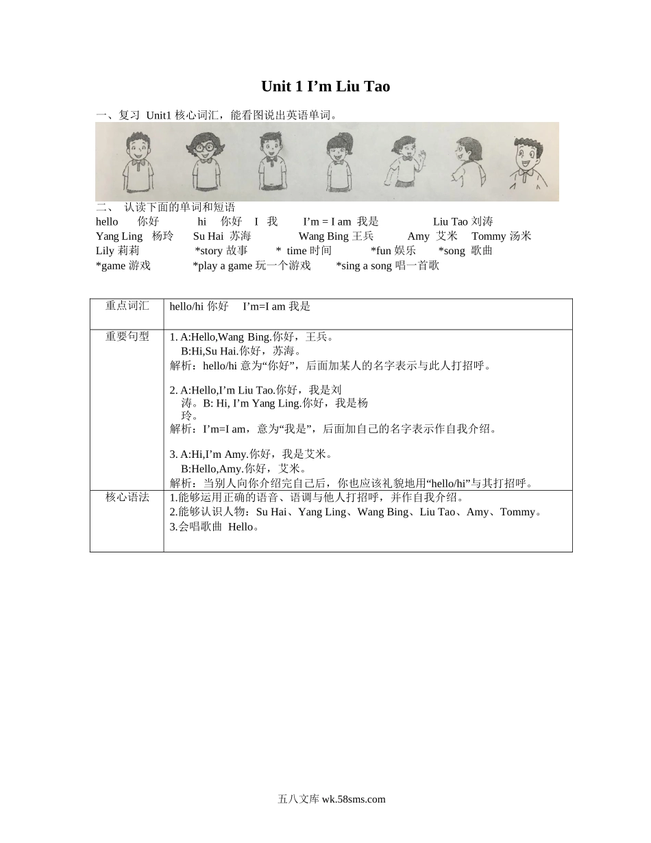 小学一年级英语上册_3-6-5-1、复习、知识点、归纳汇总_译林版_译林版一年级上 Unit1 知识点梳理.docx_第1页