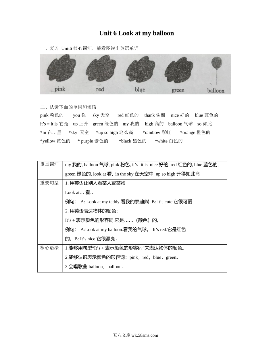 小学一年级英语上册_3-6-5-1、复习、知识点、归纳汇总_译林版_译林版一年级上 Unit6 知识点梳理.docx_第1页