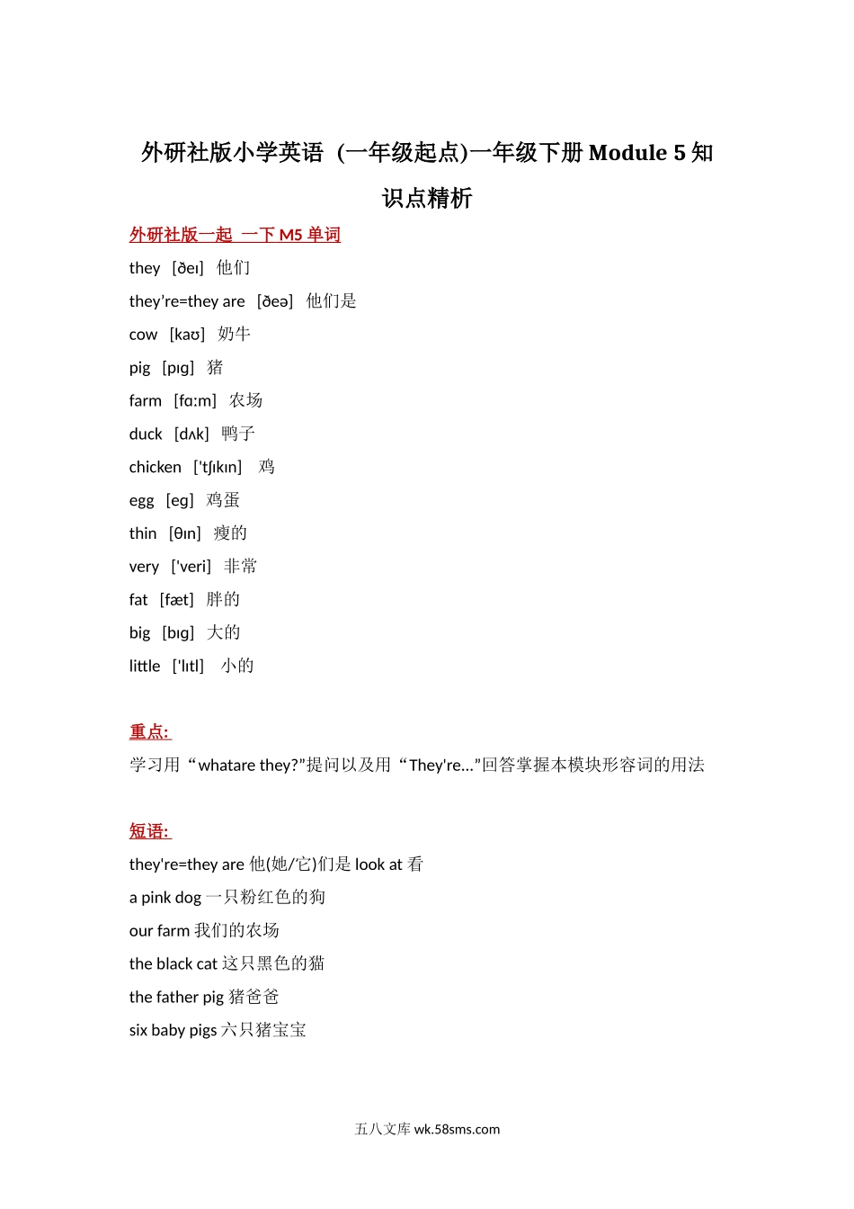 小学一年级英语下册_3-6-6-1、复习、知识点、归纳汇总_外研版一起点_外研社版小学英语 (一年级起点)一年级下册Module 5知识点精析.docx_第1页