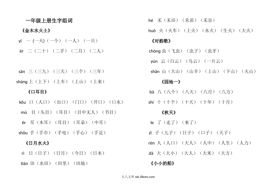 小学一年级语文上册_3-6-1-1、复习、知识点、归纳汇总_部编版_部编一年级语文上册生字组词.docx_第1页