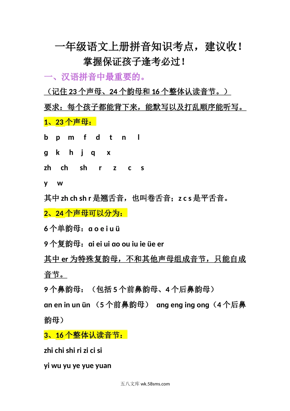 小学一年级语文上册_3-6-1-1、复习、知识点、归纳汇总_通用_小学一年级上册语文资料-语文拼音期中基础知识考点.docx_第1页