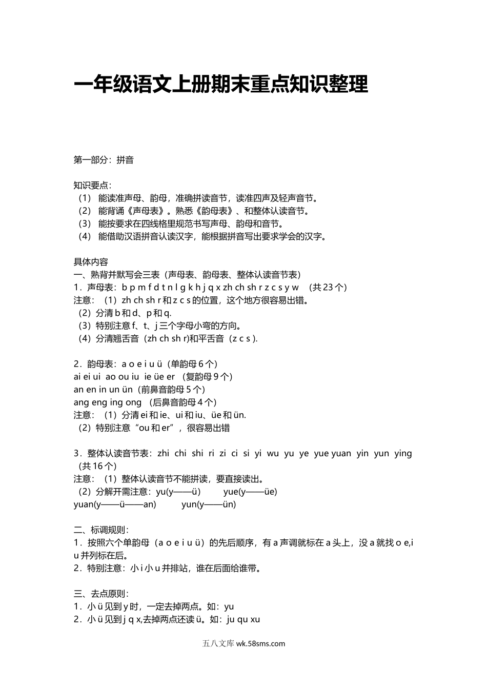 小学一年级语文上册_3-6-1-1、复习、知识点、归纳汇总_通用_一年级语文上册期末重点知识整理.docx_第1页