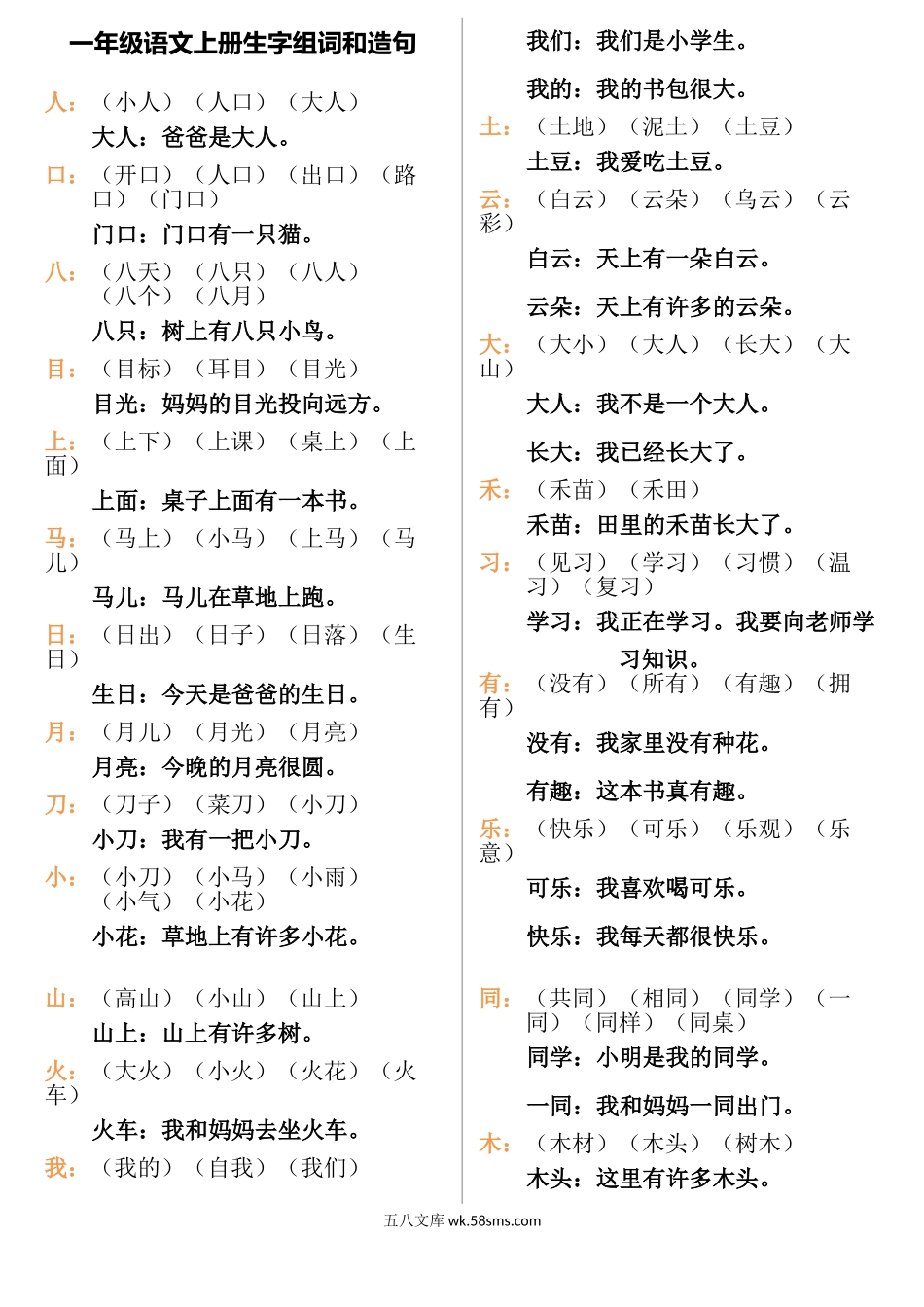 小学一年级语文上册_3-6-1-2、练习题、作业、试题、试卷_部编（人教）版_专项练习_一年级语文上册生字组词和造句(1).doc_第1页