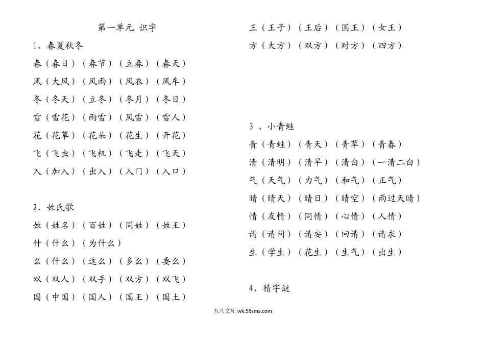 小学一年级语文下册_3-6-2-1、复习、知识点、归纳汇总_人教版_语文人教版一年级下册生字表.docx_第1页