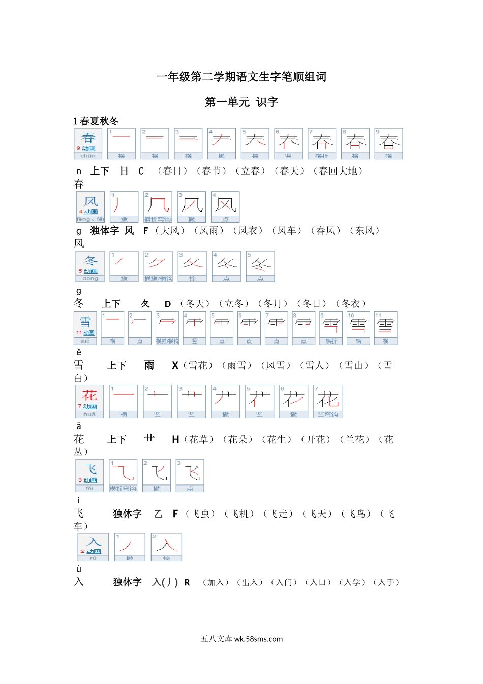 小学一年级语文下册_3-6-2-1、复习、知识点、归纳汇总_通用_一年级第二学期语文生字笔顺组词（整合版）.docx_第1页