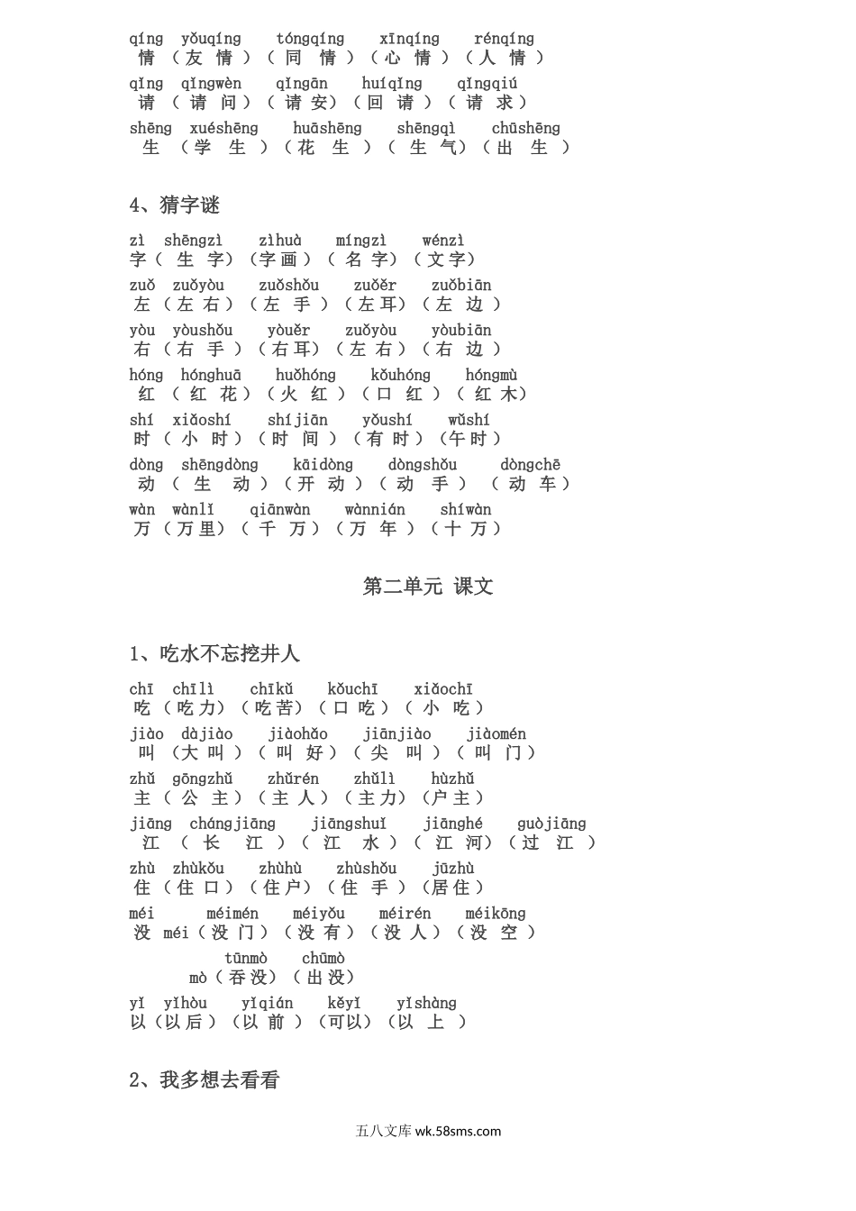 小学一年级语文下册_3-6-2-1、复习、知识点、归纳汇总_通用_一年级下册生字表组词(含注音声调全).docx_第2页