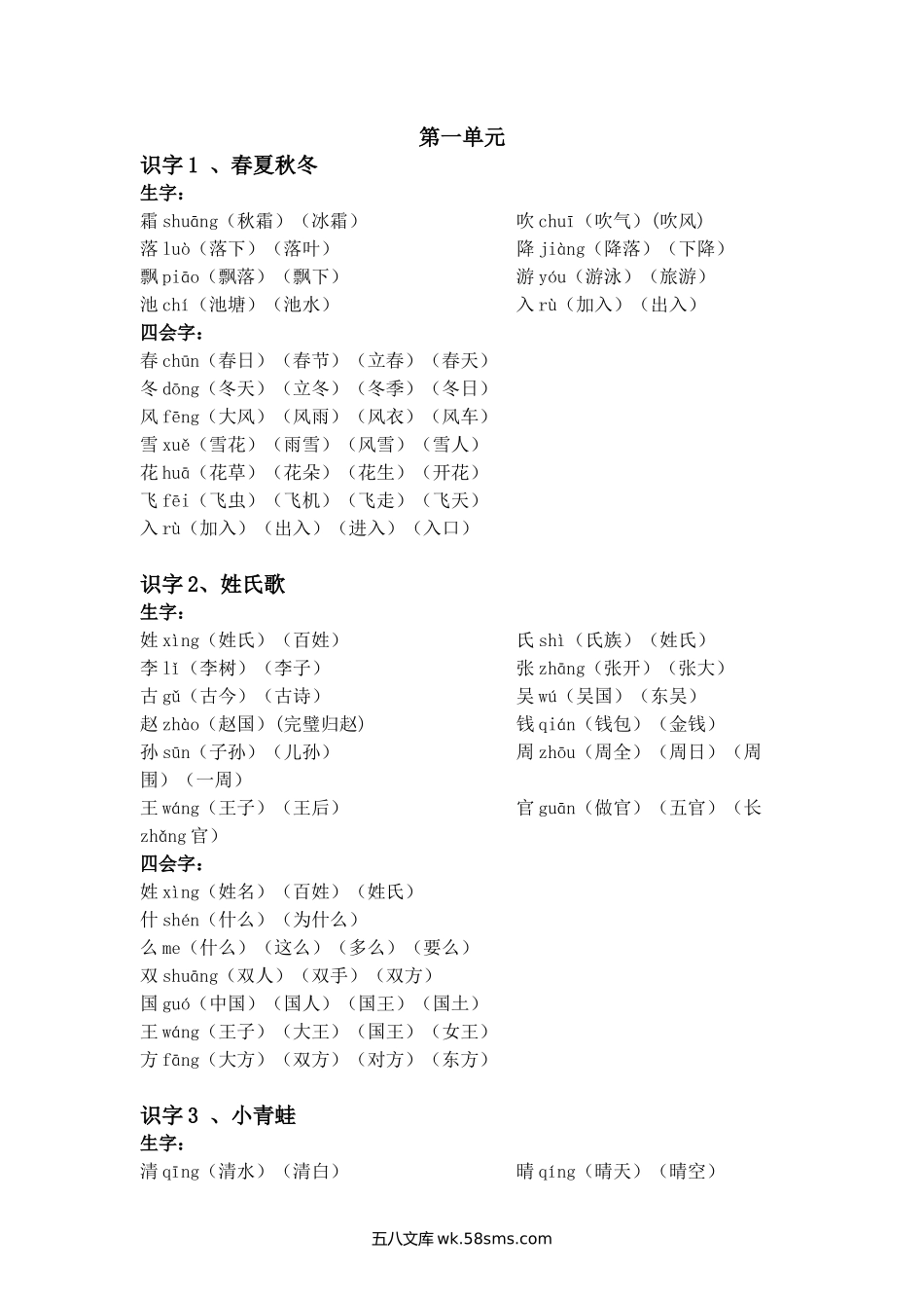 小学一年级语文下册_3-6-2-2、练习题、作业、试题、试卷_部编（人教）版_专项练习_一年级语文下册每课生字组词.doc_第1页