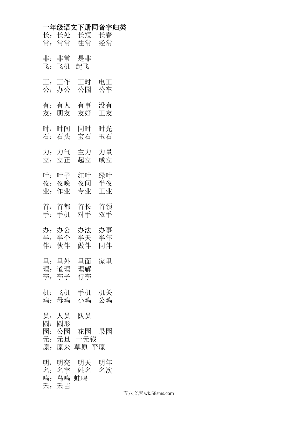 小学一年级语文下册_3-6-2-2、练习题、作业、试题、试卷_人教版_人教版【语文1下】专项练习（20份）_一年级语文下册同音字归类.doc_第1页