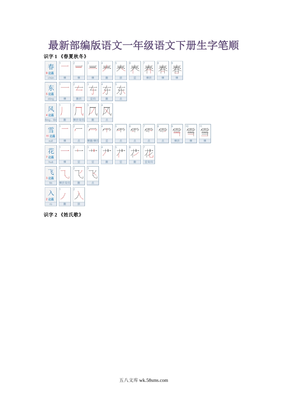 小学一年级语文下册_3-6-2-5、字贴、书写_一年级语文下册生字笔顺练习资料.doc_第1页